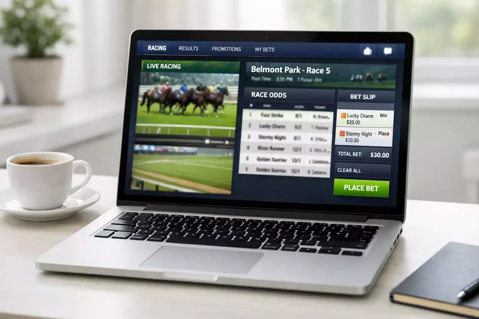Laptop zeigt Pferdewetten-Portal mit Quoten