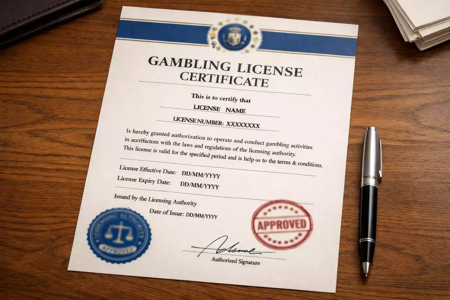 Offizielle Glücksspiellizenz-Dokument