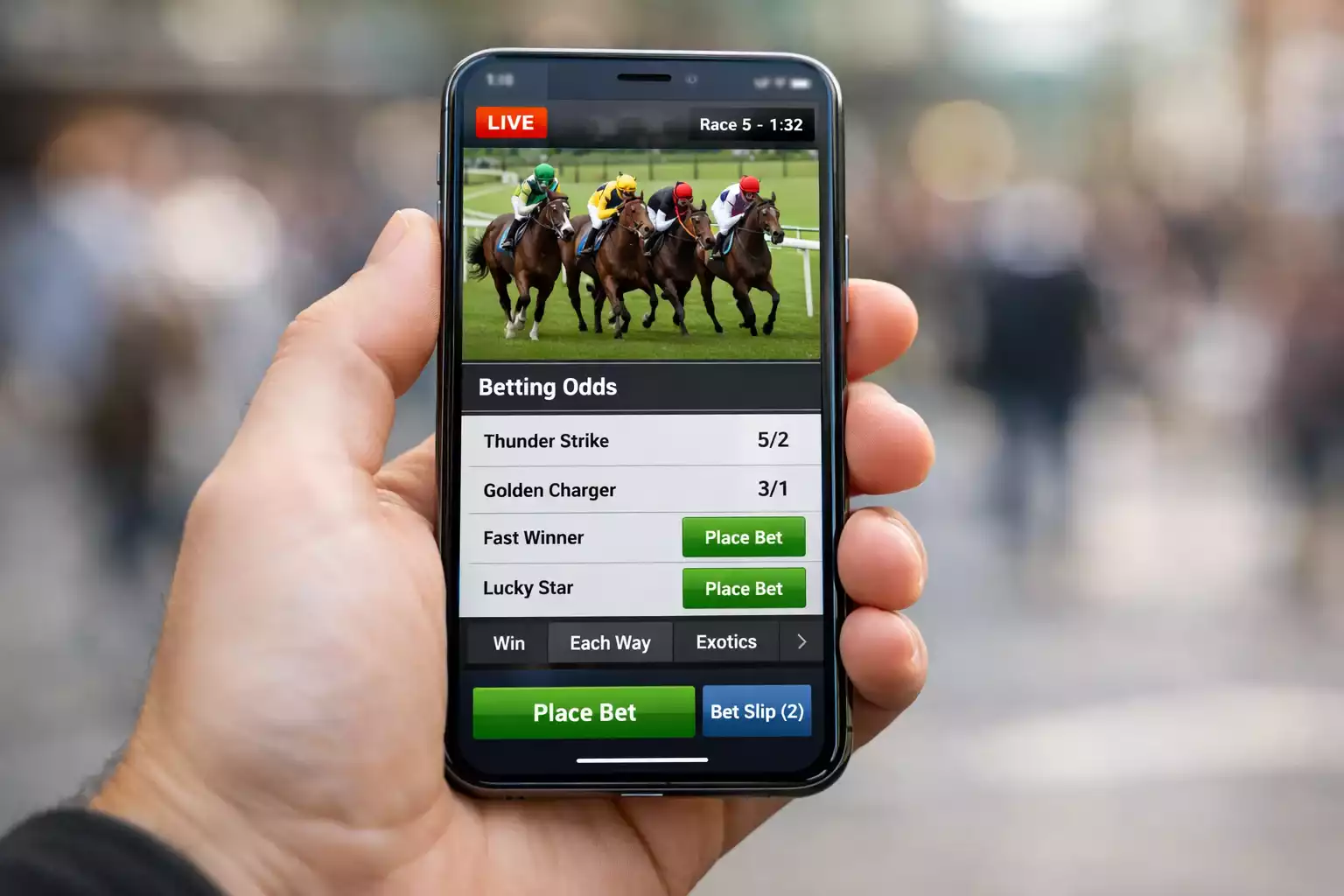 Smartphone mit Pferdewetten-App und Live-Rennen