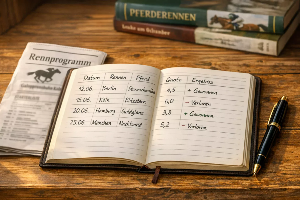 Notizbuch mit Wettaufzeichnungen und Stift auf einem Holztisch neben Rennprogramm