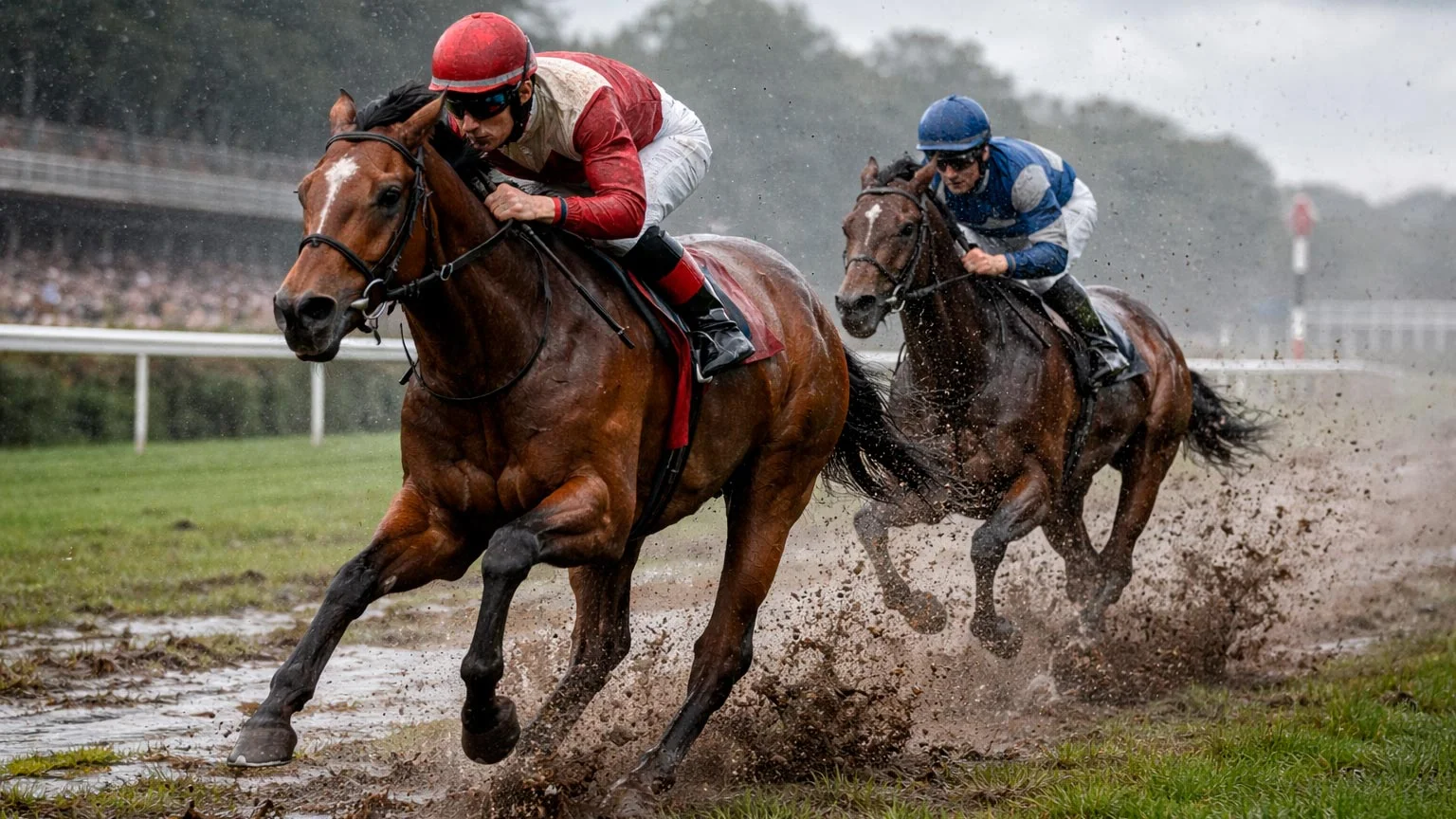 Rennpferde galoppieren über eine aufgeweichte Rennbahn bei Regen