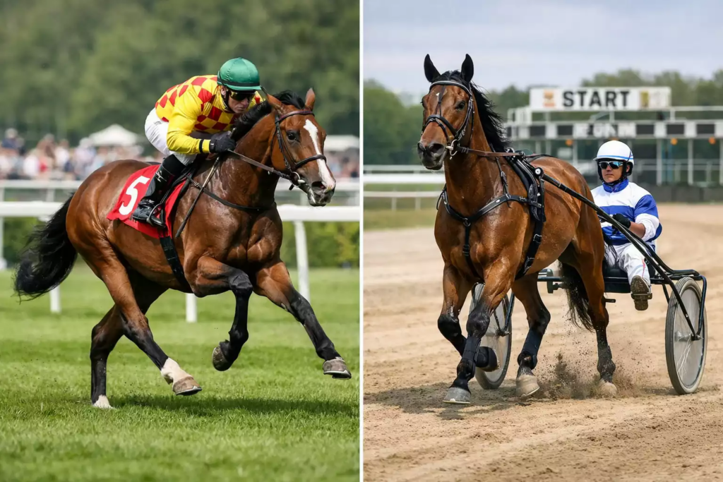 Galopprennen mit Jockey links und Trabrennen mit Sulky rechts im Vergleich