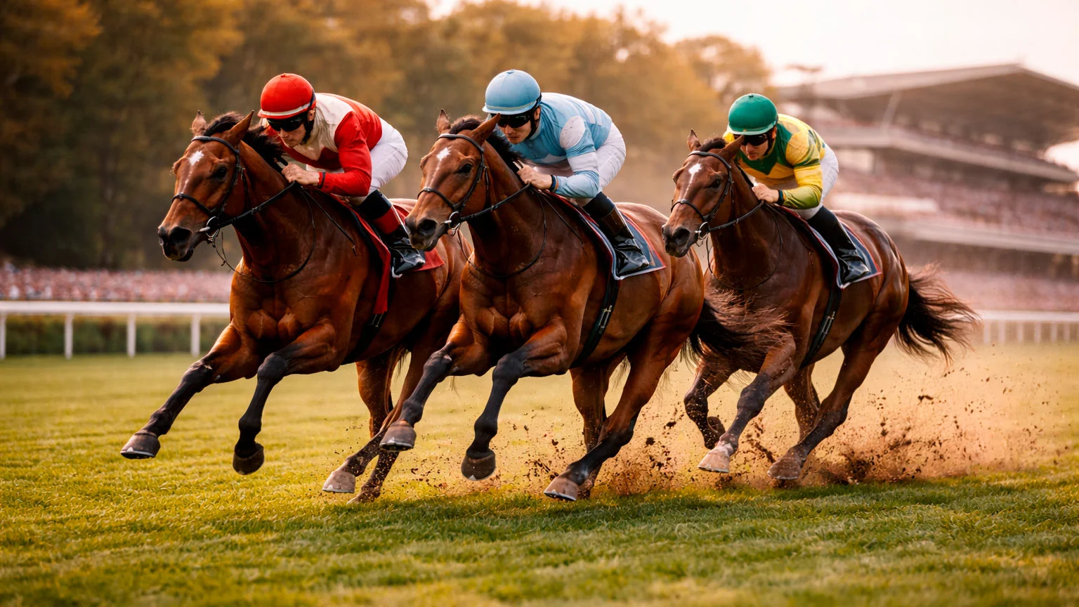 Galopprennen auf einer Rasenrennbahn mit Jockeys und Vollblütern im gestreckten Galopp