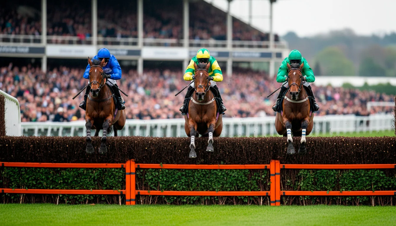 Pferde und Jockeys springen über ein Hindernis beim Grand National in Aintree auf grünem Rasen