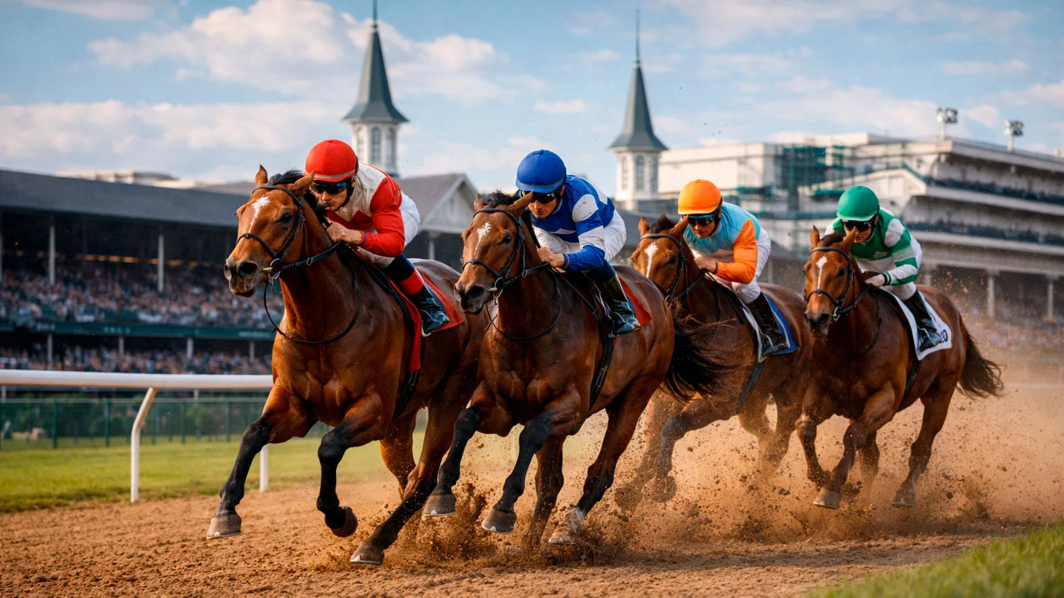 Galopprennen auf der Dirtbahn von Churchill Downs beim Kentucky Derby mit Jockeys in bunten Seidenfarben
