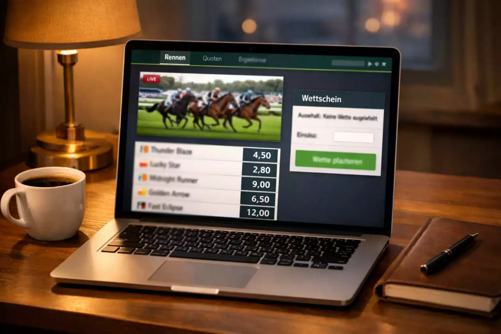 Laptop zeigt Online-Wettplattform für Pferderennen mit Livestream und Quoten
