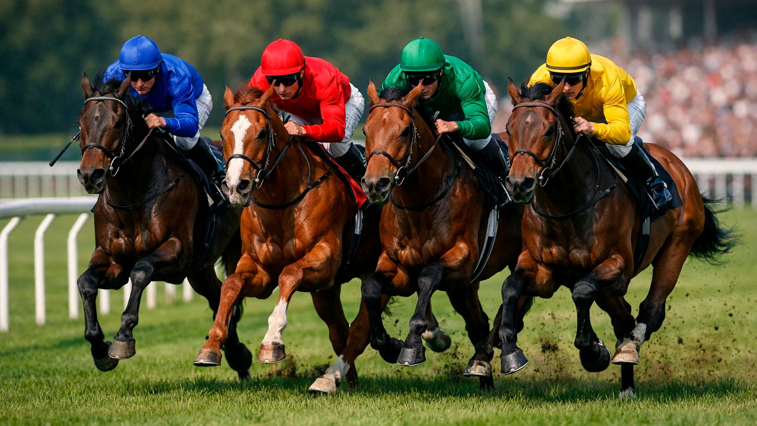 Mehrere Rennpferde Kopf an Kopf in der Zielgeraden eines Galopprennens