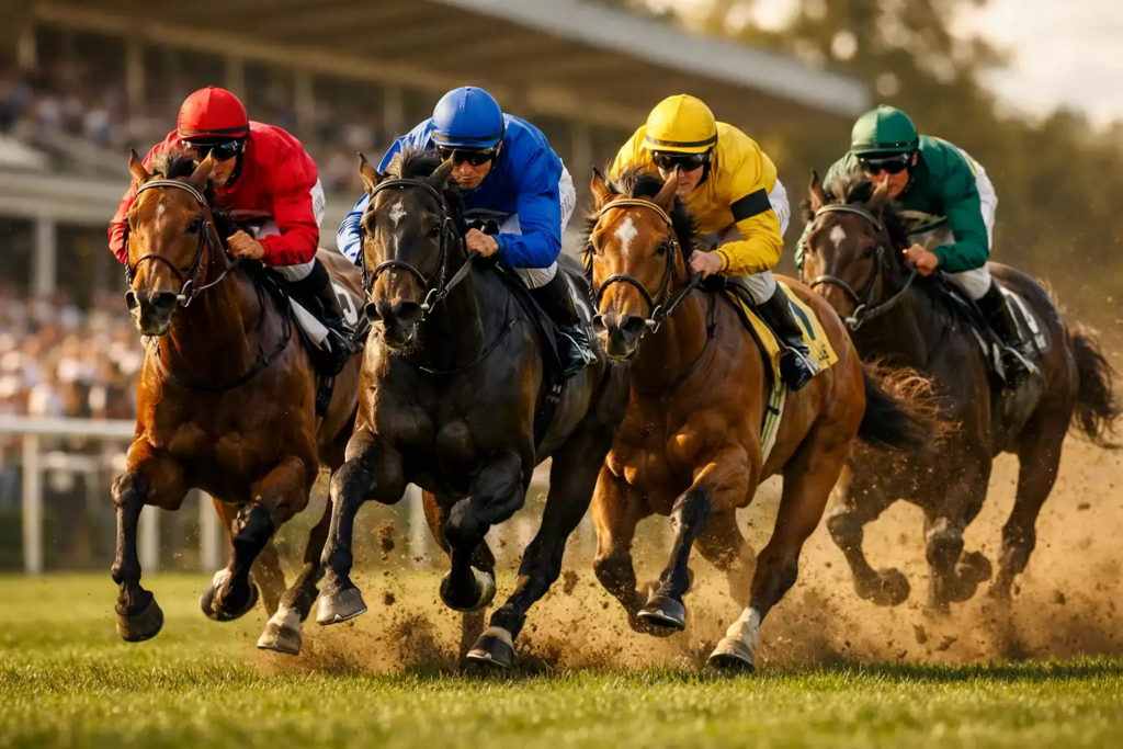 Galoppierende Pferde auf der Rennbahn mit Jockeys in bunten Trikots