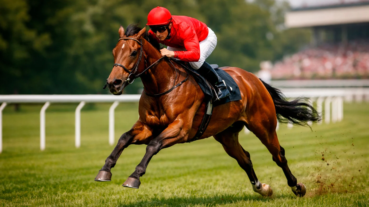 Professioneller Jockey auf Vollblüter bei Galopprennen auf sonniger Rennbahn