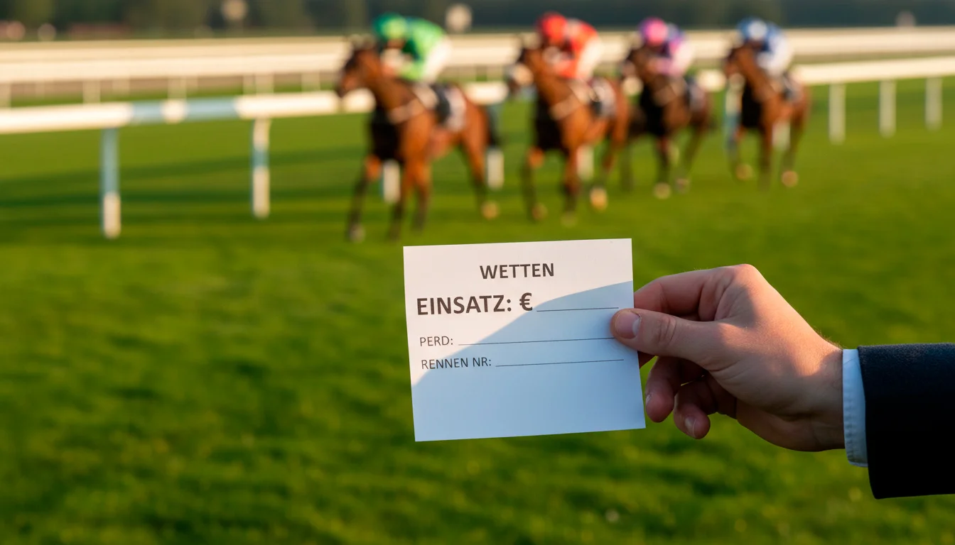 Reiter auf einem Pferd bei einem Galopprennen mit Tribüne im Hintergrund und Bonussymbolik