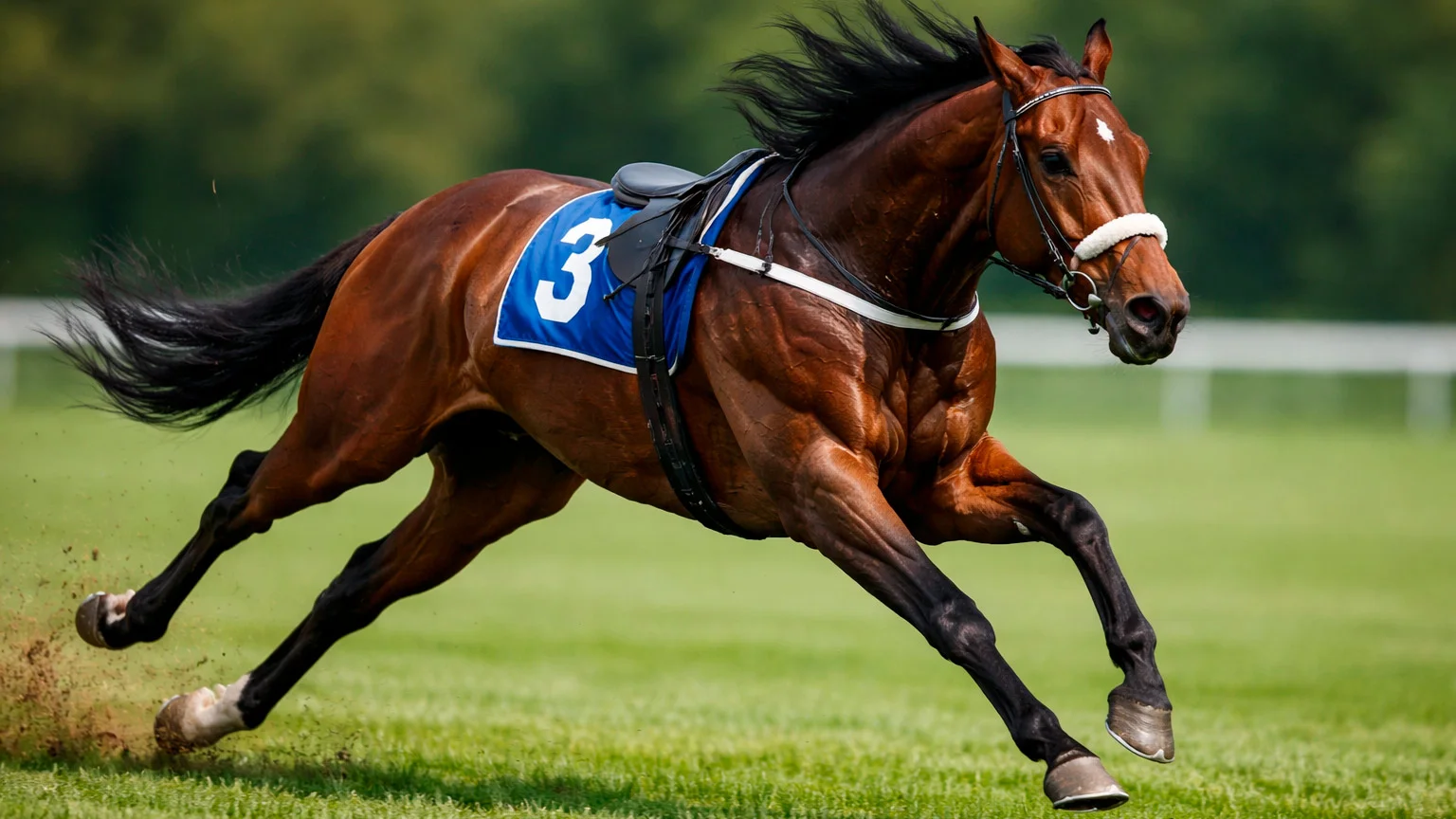 Nahaufnahme Rennpferd mit Startnummer während Galopprennen auf Grasbahn