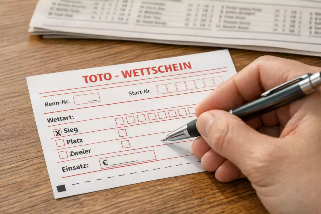 Hand füllt einen Wettschein für Pferdewetten aus mit Kugelschreiber