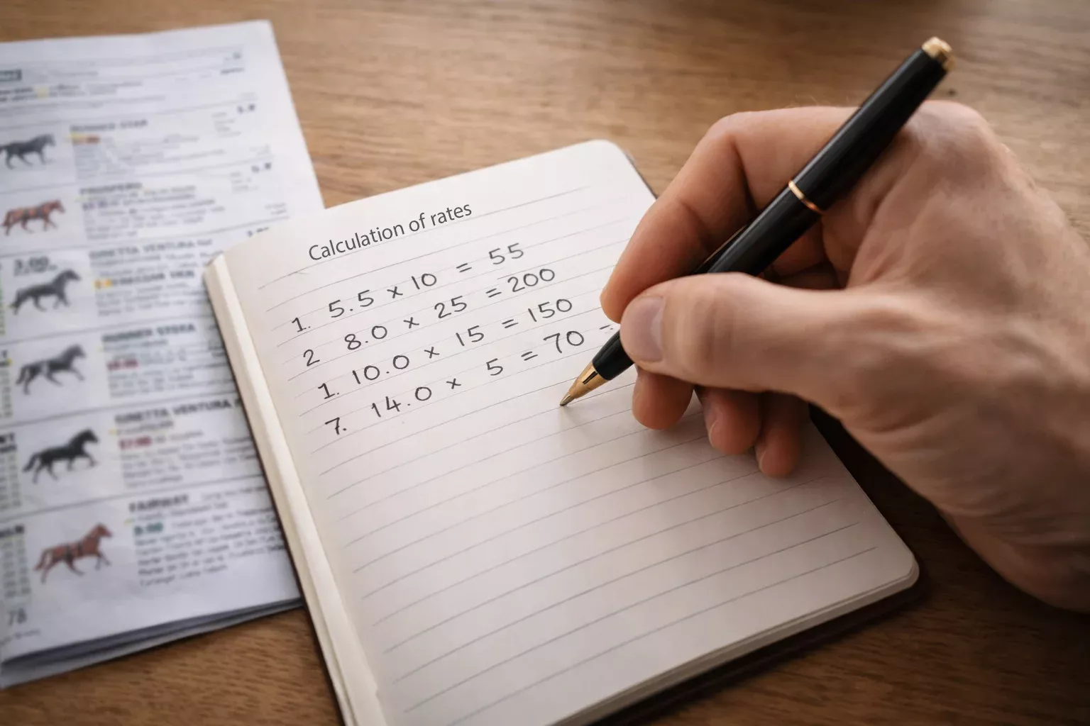 Hand mit Stift bei Notizen zu Wettquoten