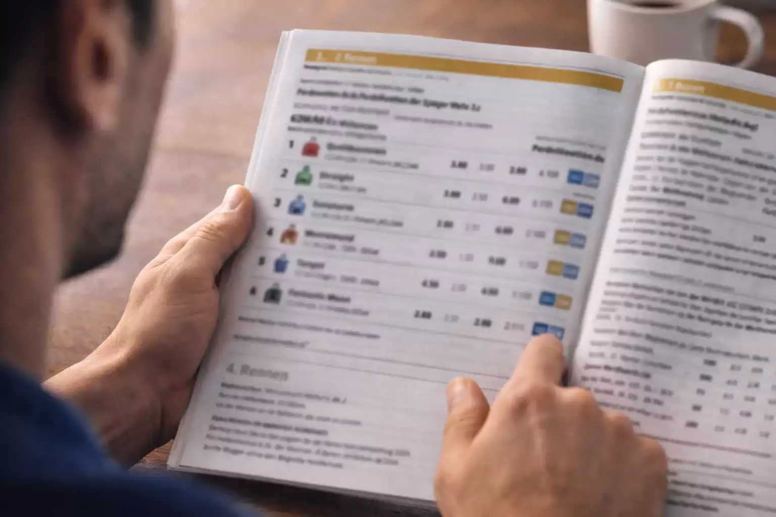 Person studiert Wettquoten im Rennprogramm