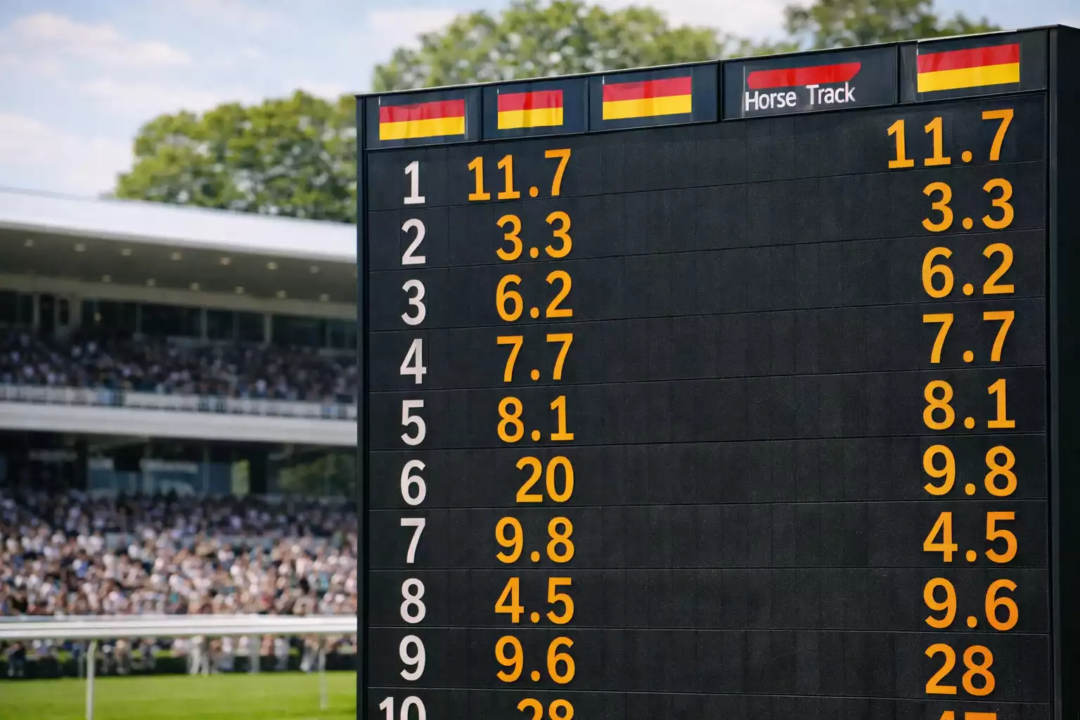 Anzeigetafel mit Wettquoten auf der Rennbahn