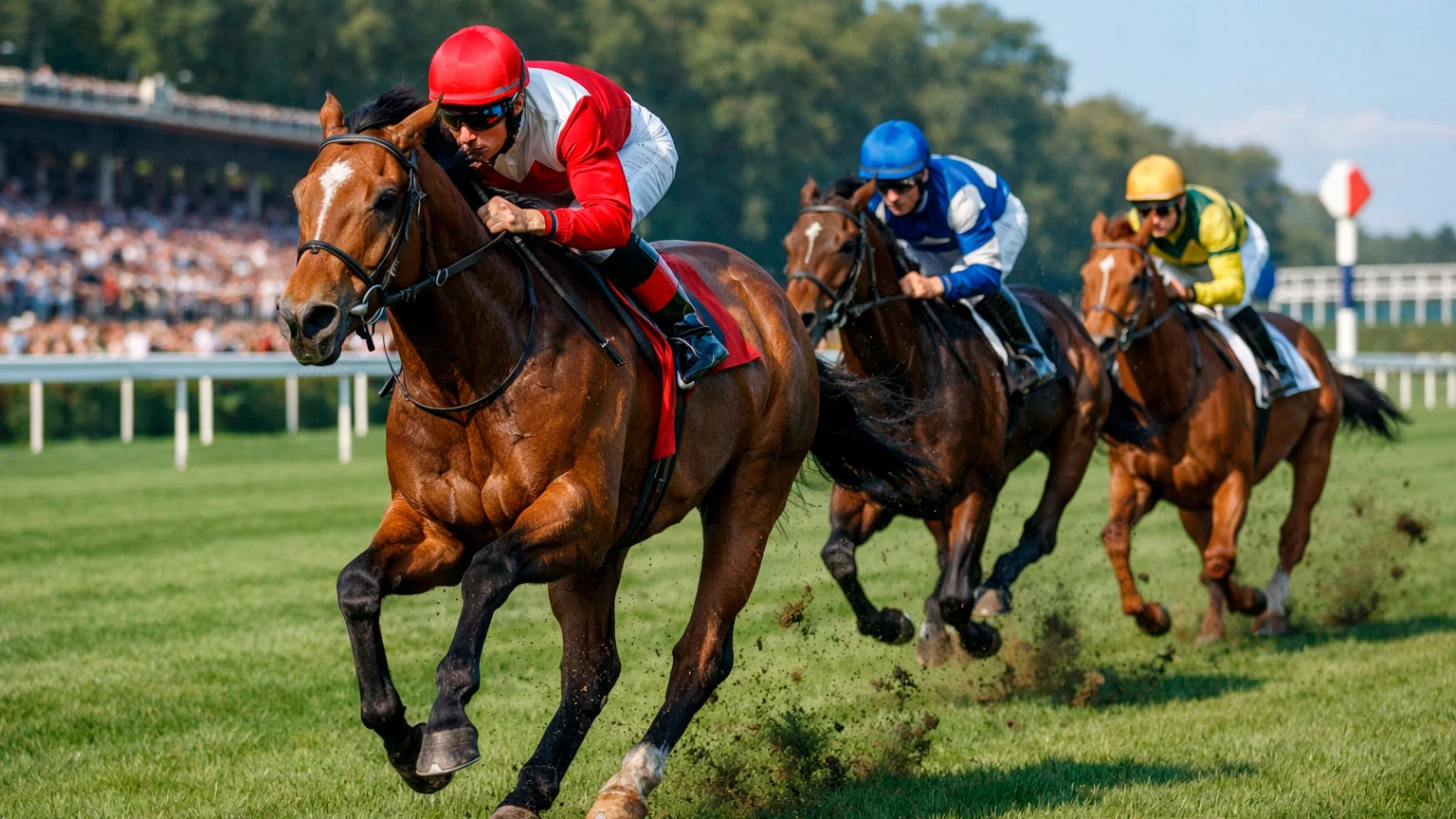 Rennpferde im Galopp auf einer Rennbahn bei der Zielgeraden