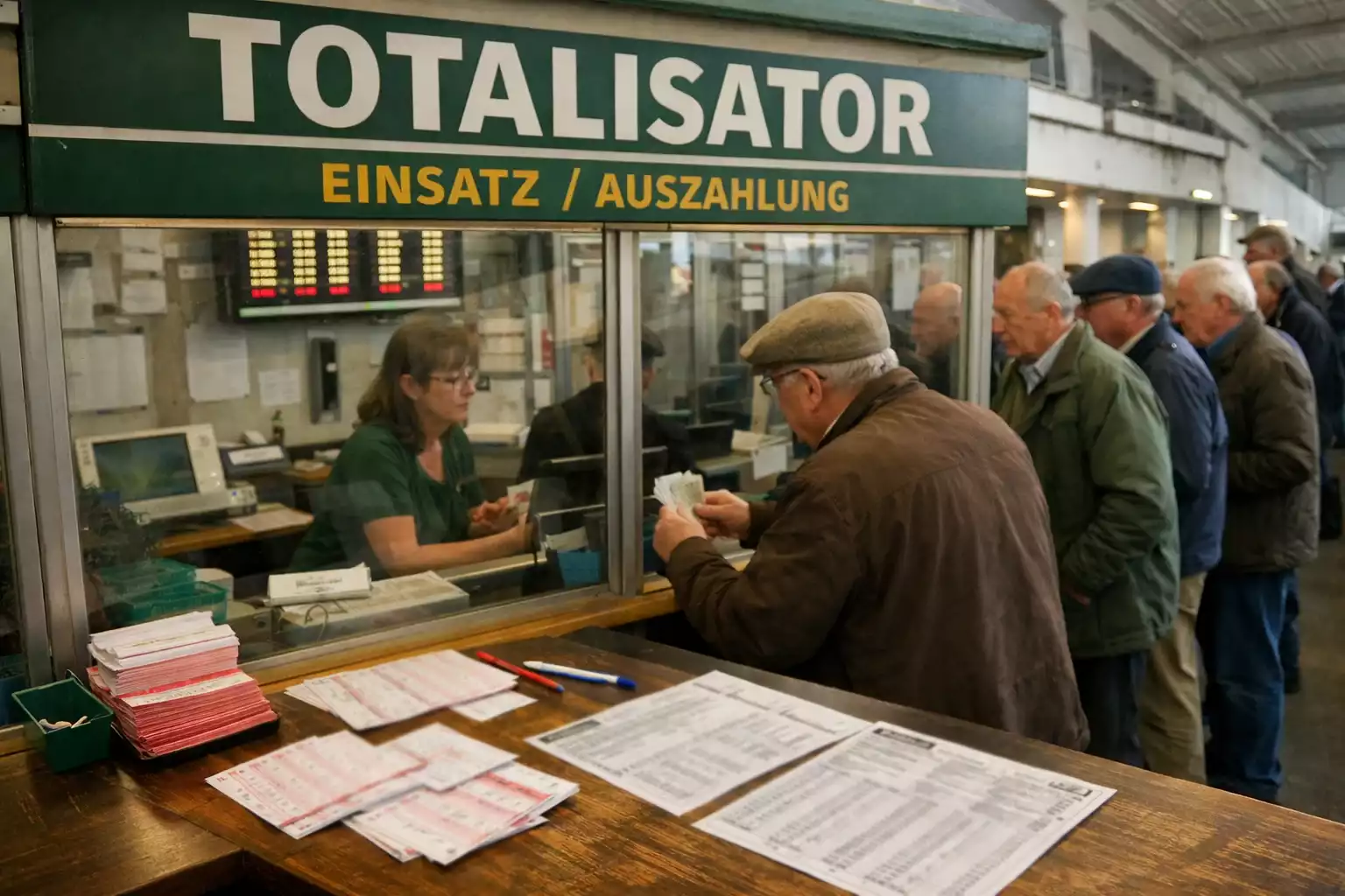 Wettschalter auf der Rennbahn mit Kunden