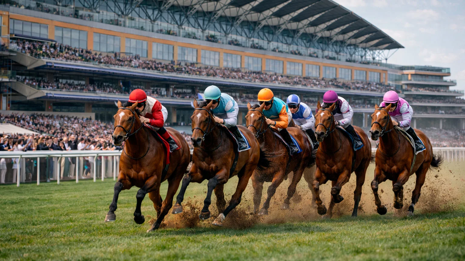 Pferderennen auf der grünen Rasenbahn von Royal Ascot mit eleganter Tribüne im Hintergrund
