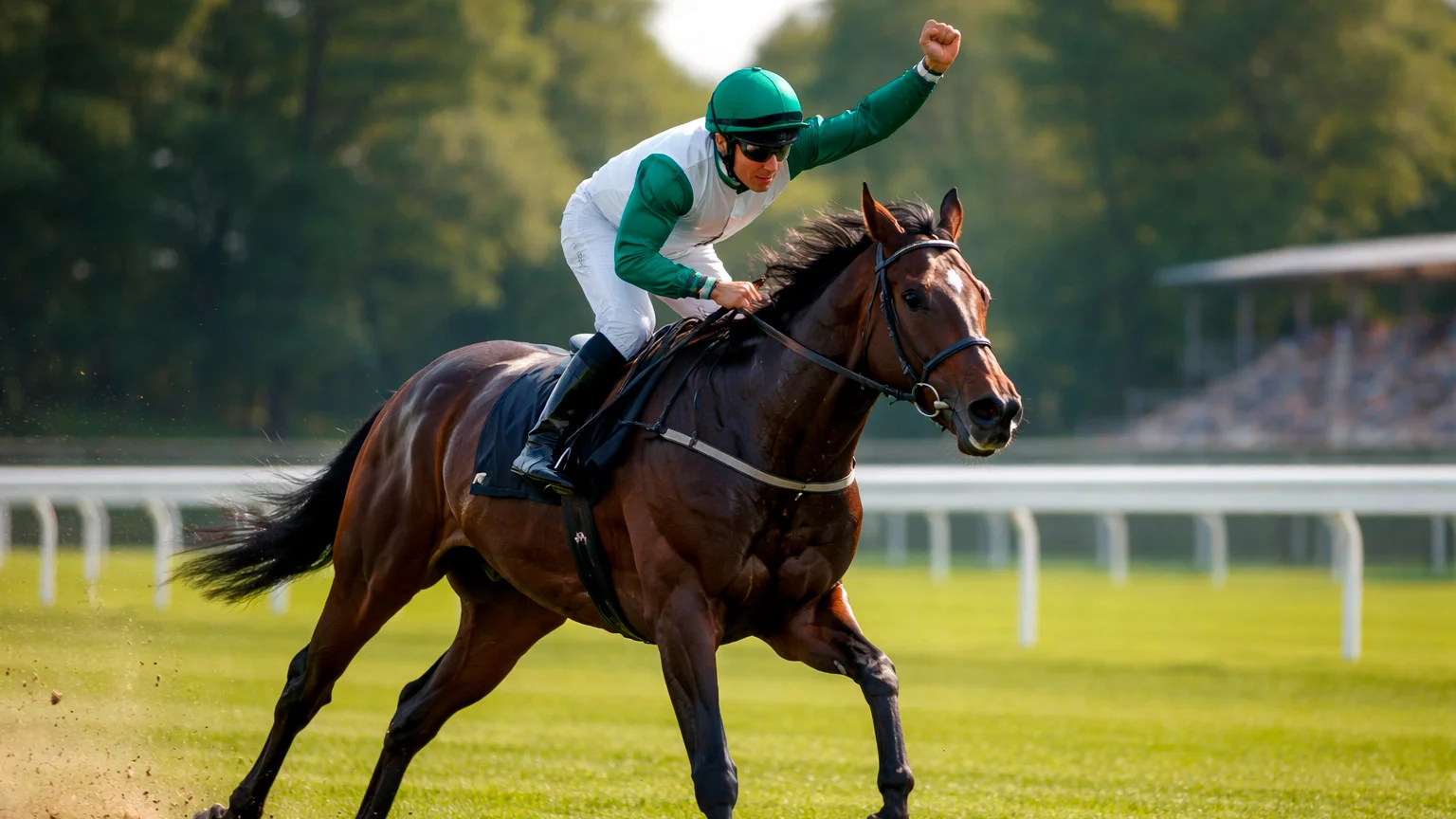 Jockey auf Pferd nach Zieleinlauf bei Pferderennen mit Siegerpose