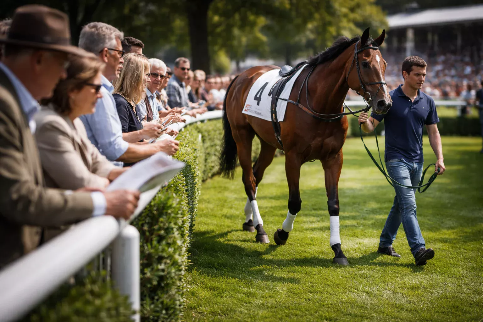 Pferd wird vor dem Rennen im Führring begutachtet