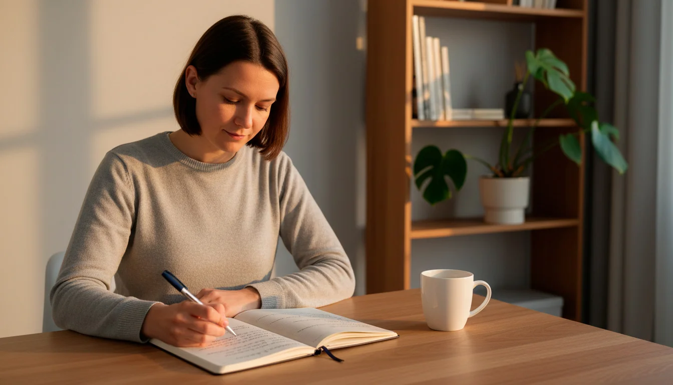 Person sitzt nachdenklich an einem Schreibtisch mit einem Notizbuch und plant ein Wettbudget