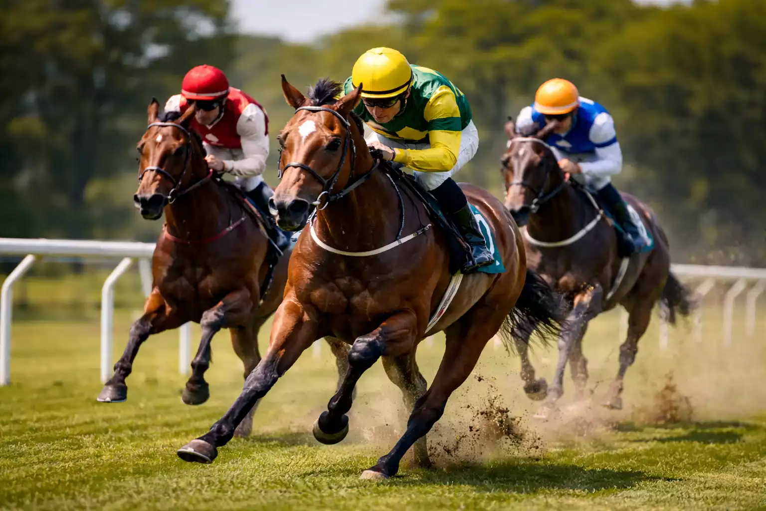 Pferderennen mit Jockeys auf der Zielgeraden