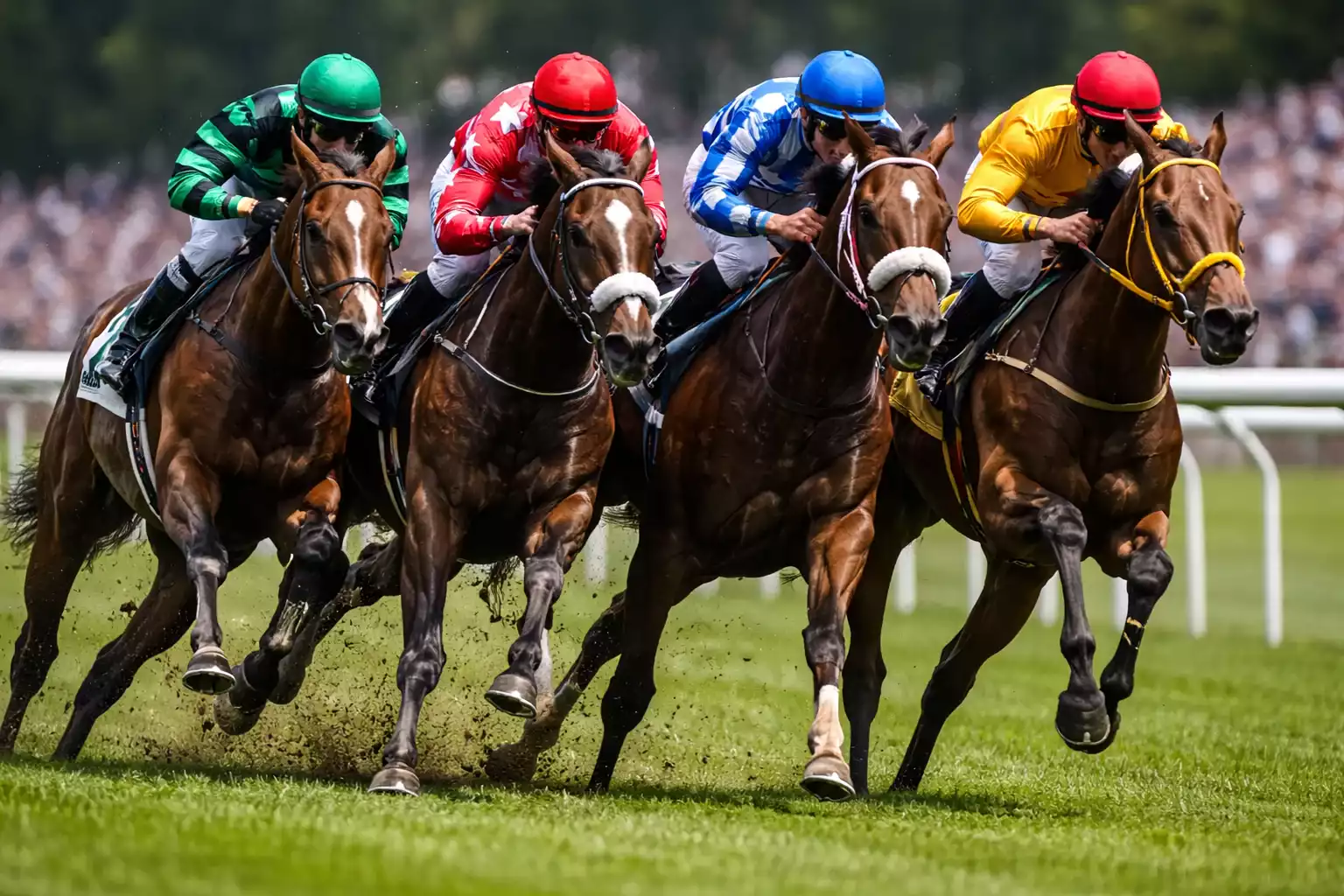 Mehrere Pferde im engen Zieleinlauf