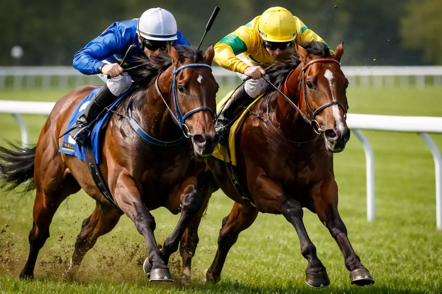 Zwei Pferde im direkten Duell auf der Rennbahn