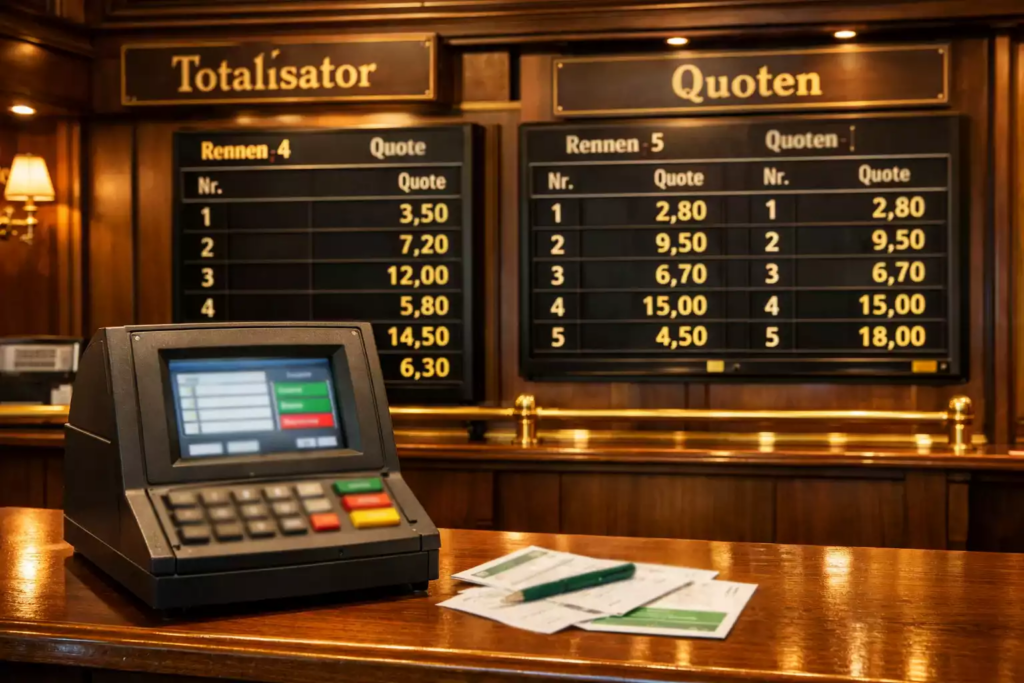 Klassisches Wettbüro mit Totalisator-Terminal und Anzeigetafeln mit Quoten